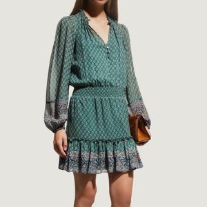 Veronica Beard Destiny Printed Smocked Waist V-Neck Mini Dress